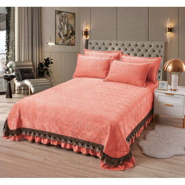 Cuvertura Din CATIFEA UNI Cu 2 Fete De Perna, cu volane, Somon, CCV-027