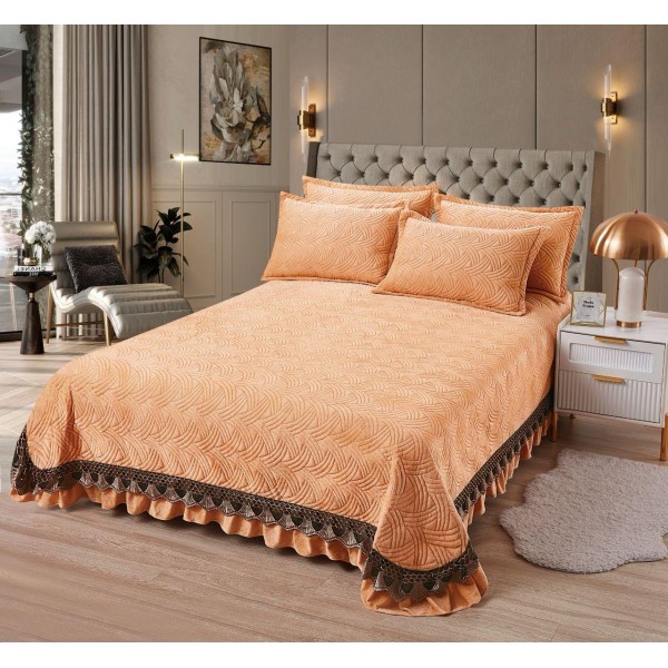 Cuvertura Din CATIFEA UNI Cu 2 Fete De Perna, cu volane, Bej deschis, CCV-029