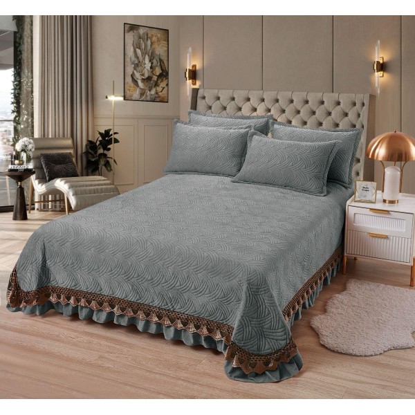 Cuvertura Din CATIFEA UNI Cu 2 Fete De Perna, cu volane, Gri, CCV-030