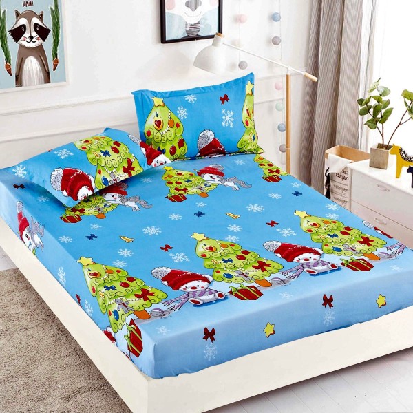 Cearsaf cu elastic, Bumbac FINET, 90x200cm, plus 2 fete de perne, Albastru-Alb-Rosu, HDF-113