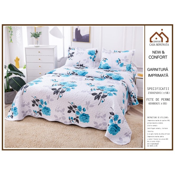 Cuvertura de Pat 3 Piese - Bumbac Satinat, Alb-Albastru, flori, CBS-010