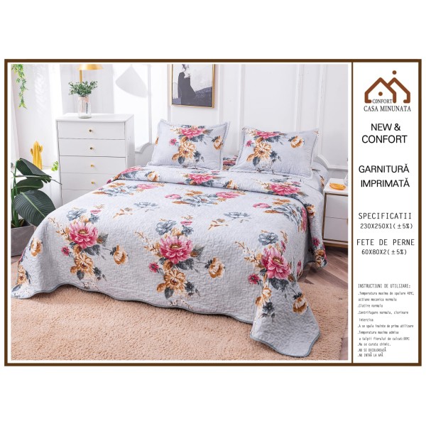 Cuvertura de Pat 3 Piese - Bumbac Satinat, Blue-Multicolor, flori, CBS-014