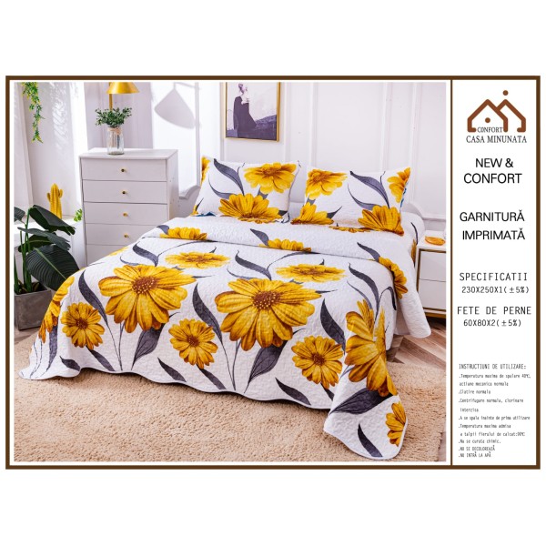 Cuvertura de Pat 3 Piese - Bumbac Satinat, Galben-Alb, flori, CBS-016
