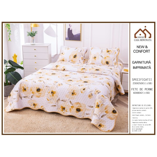 Cuvertura de Pat 3 Piese - Bumbac Satinat, Alb-Galben, flori, CBS-018