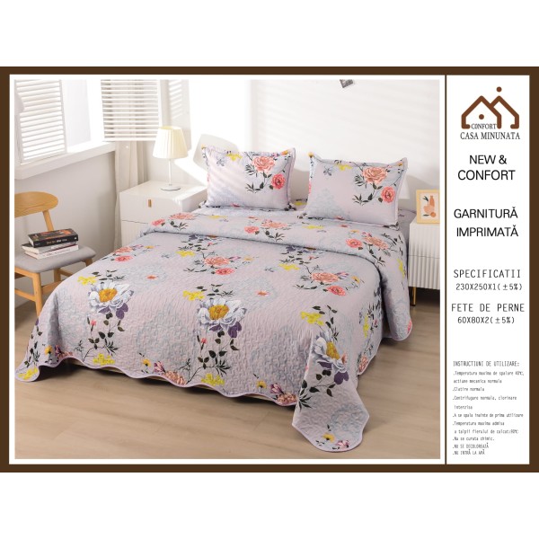 Cuvertura de Pat 3 Piese - Bumbac Satinat, Bej-Multicolor, flori, CBS-020