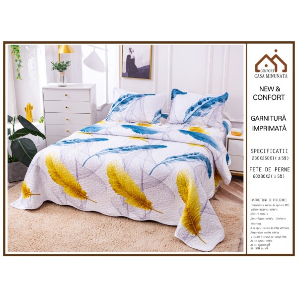 Cuvertura de Pat 3 Piese - Bumbac Satinat, Alb-Multicolor, pene, CBS-023