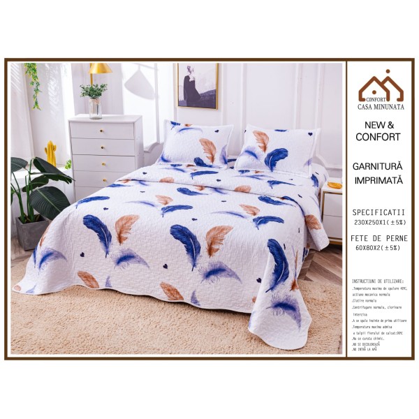 Cuvertura de Pat 3 Piese - Bumbac Satinat, Alb-Albastru, pene, CBS-024