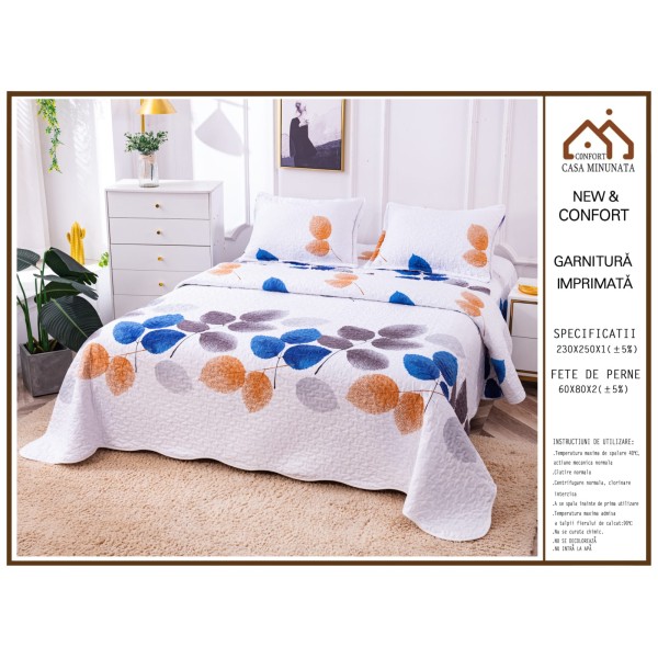 Cuvertura de Pat 3 Piese - Bumbac Satinat, Alb-Multicolor, frunze, CBS-025