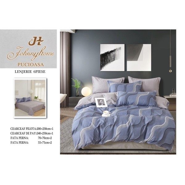 Set Lenjerie de Pat din Finet cu 2 Fete, 6 Piese, Pat 2 Persoane, Albastru-Gri, valuri, OLD-002