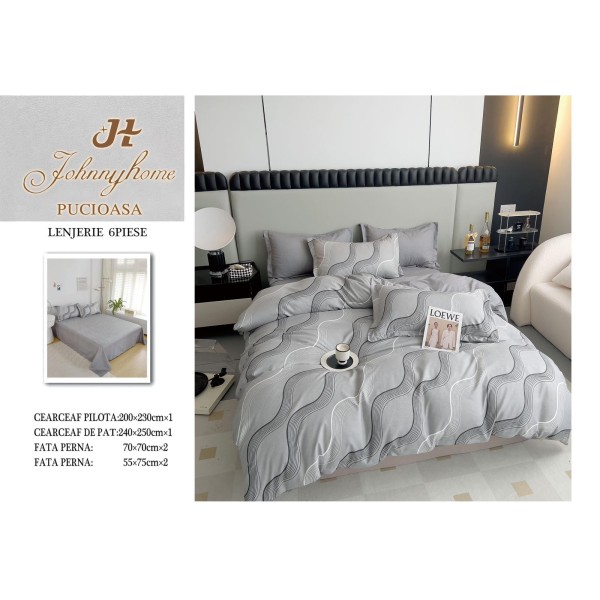 Set Lenjerie de Pat din Finet cu 2 Fete, 6 Piese, Pat 2 Persoane, Gri-Alb, valuri, OLD-008