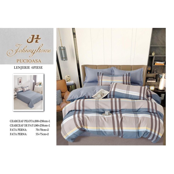 Set Lenjerie de Pat din Finet cu 2 Fete, 6 Piese, Pat 2 Persoane, Bej-Multicolor, linii, OLD-009