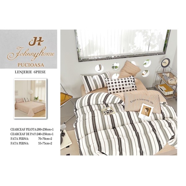 Set Lenjerie de Pat din Finet cu 2 Fete, 6 Piese, Pat 2 Persoane, Alb-Bej, linii, OLD-011