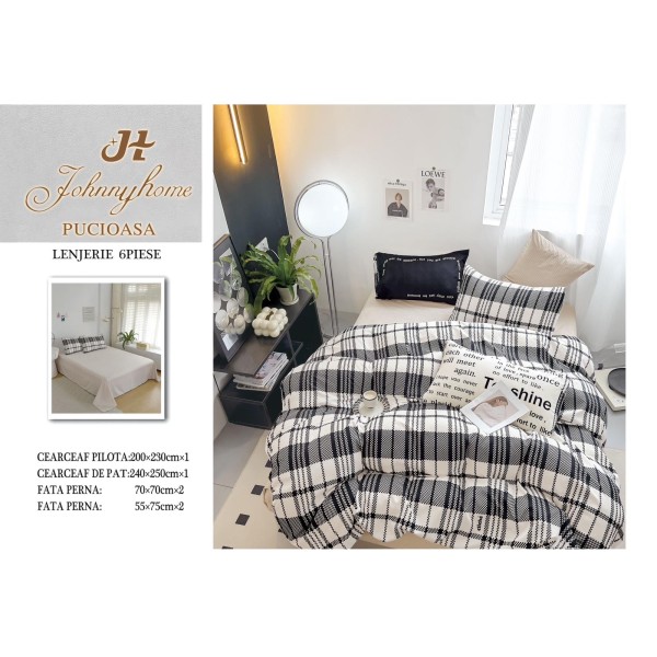 Set Lenjerie de Pat din Finet cu 2 Fete, 6 Piese, Pat 2 Persoane, Crem-Negru, linii, OLD-012