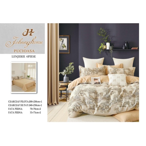 Set Lenjerie de Pat din Finet cu 2 Fete, 6 Piese, Pat 2 Persoane, Bej-Crem, flori, OLD-016