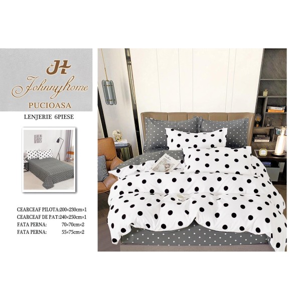 Set Lenjerie de Pat din Finet cu 2 Fete, 6 Piese, Pat 2 Persoane, Alb-Negru, cercuri, OLD-018