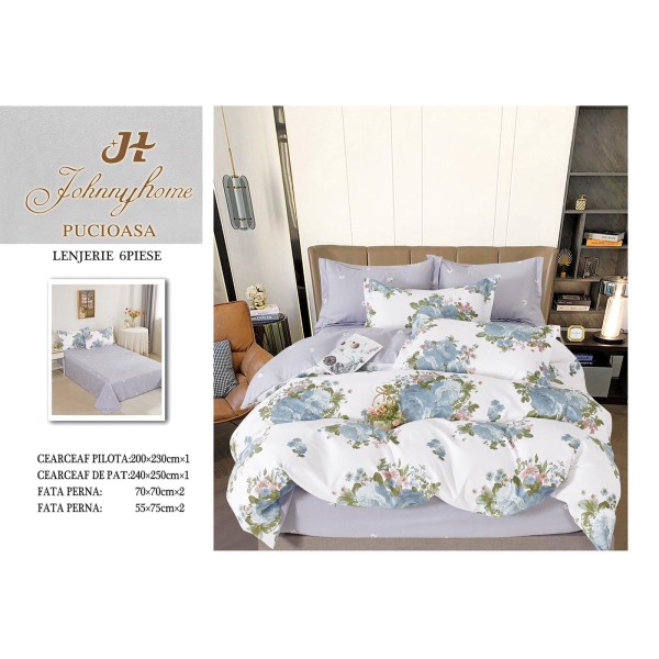 Set Lenjerie de Pat din Finet cu 2 Fete, 6 Piese, Pat 2 Persoane, Alb-Blue, flori, OLD-020