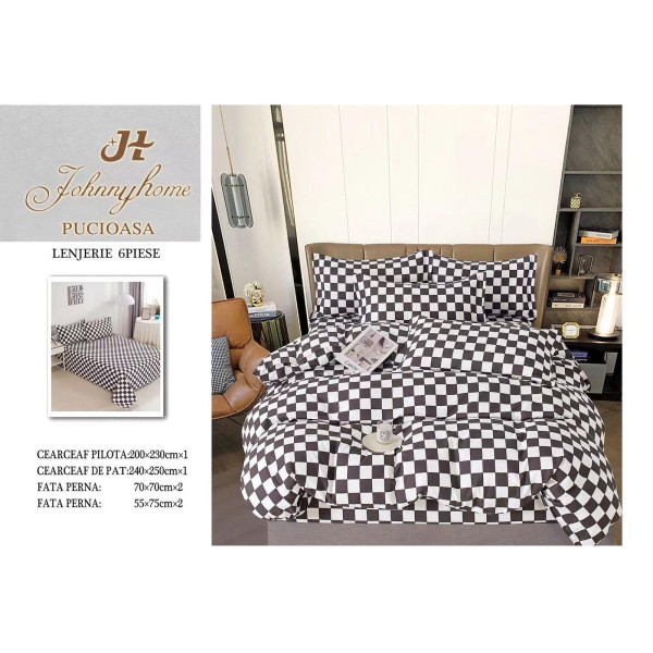 Set Lenjerie de Pat din Finet cu 2 Fete, 6 Piese, Pat 2 Persoane, Alb-Bej, patrate, OLD-031