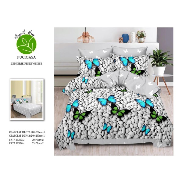 Set Lenjerie de Pat din Finet cu 2 Fete, 6 Piese, Pat 2 Persoane, Gri-Verde, fluturi, OLD-036