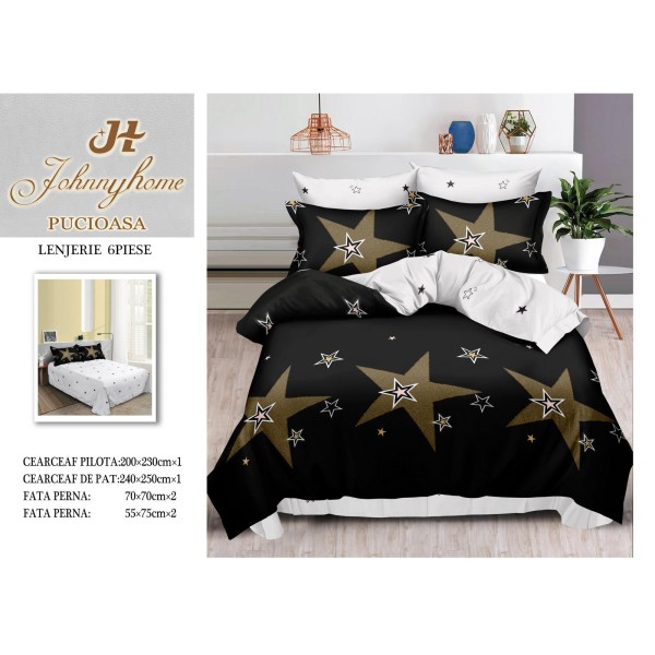 Set Lenjerie de Pat din Finet cu 2 Fete, 6 Piese, Pat 2 Persoane, Alb-Negru, stele, OLD-037
