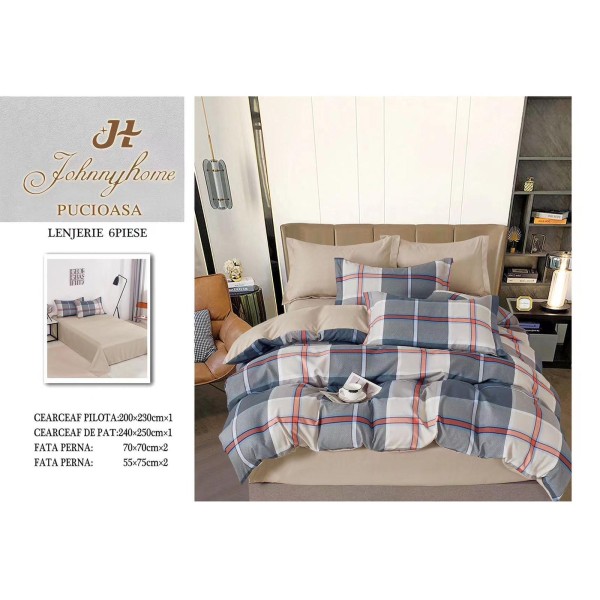 Set Lenjerie de Pat din Finet cu 2 Fete, 6 Piese, Pat 2 Persoane, Blue-Crem, linii, OLD-038