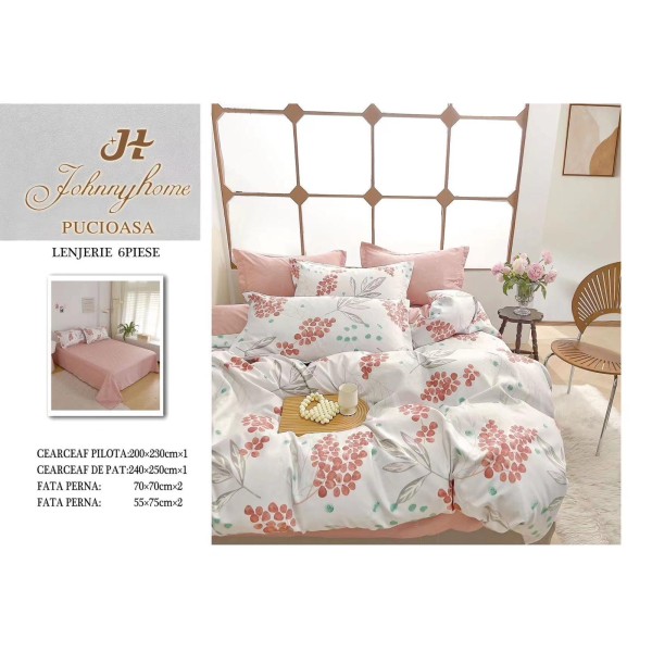 Set Lenjerie de Pat din Finet cu 2 Fete, 6 Piese, Pat 2 Persoane, Alb-Roz, frunze, OLD-044