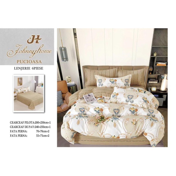 Set Lenjerie de Pat din Finet cu 2 Fete, 6 Piese, Pat 2 Persoane, Crem-Bej, flori, OLD-045