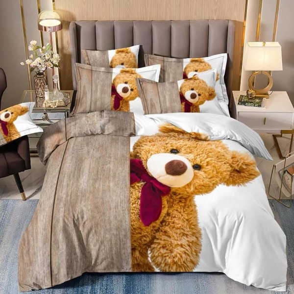 Lenjerie de Pat din Finet, 4 Piese, Pat 1 Persoana, Alb-Bej, ursulet, LFS-033 Lenjerie de Pat din Finet, 4 Piese, Pat 1 Persoana, Alb-Bej, ursulet, LFS-033