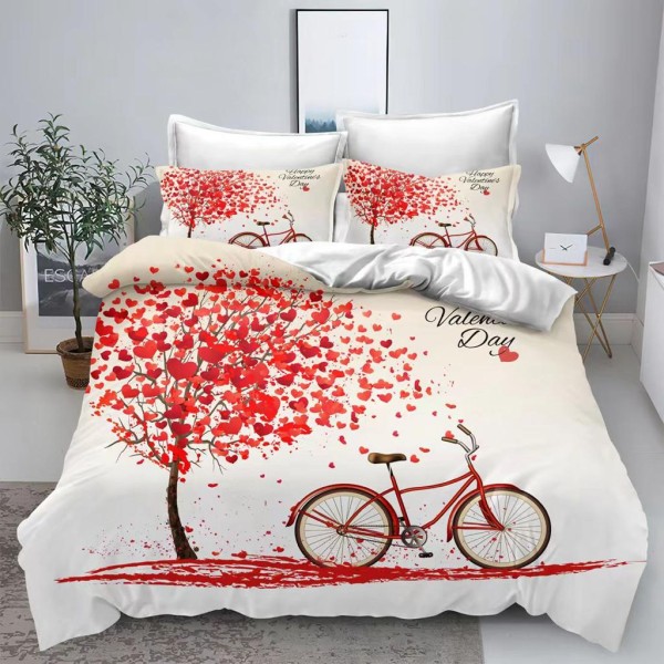 Lenjerie de Pat din Finet, 4 Piese, Pat 1 Persoana, Alb-Rosu, bicicleta,  LFS-097