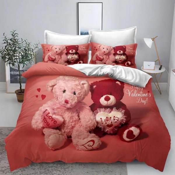 Lenjerie de Pat din Finet, 4 Piese, Pat 1 Persoana, Rosu-Roz, ursulet, LFS-093