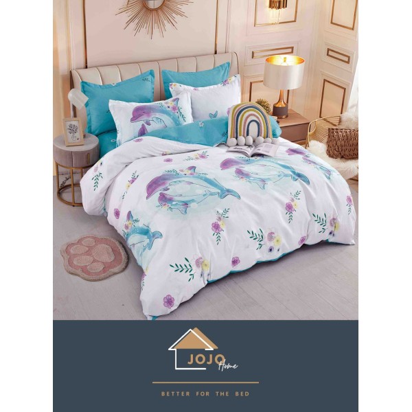 Lenjerie de Pat din Finet, 4 Piese, Pat 1 Persoana, Alb-Blue, flori, delfini, LFS-027 Lenjerie de Pat din Finet, 4 Piese, Pat 1 Persoana, Alb-Blue, flori, delfini, LFS-027