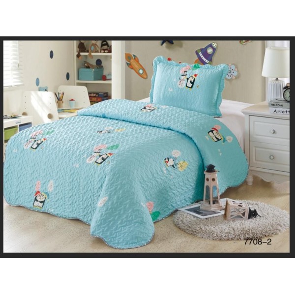 Cuvertura pat single, 2 piese, bumbac-finet, Blue-Multicolor, pinguin, CCP-005