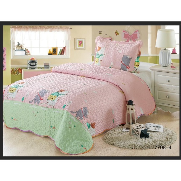 Cuvertura pat single, 2 piese, bumbac-finet, Roz-Verde, cat, CCP-007