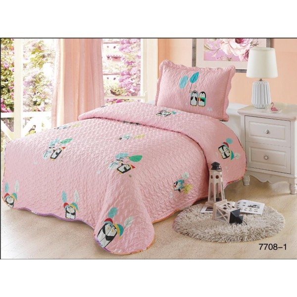 Cuvertura pat single, 2 piese, bumbac-finet, Roz-Multicolor, pinguin, CCP-008