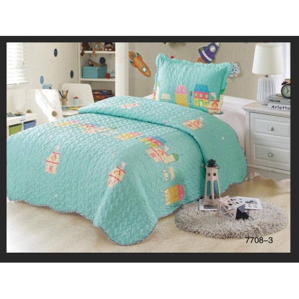 Cuvertura pat single, 2 piese, bumbac-finet, Verde-Multicolor, casuta, CCP-009