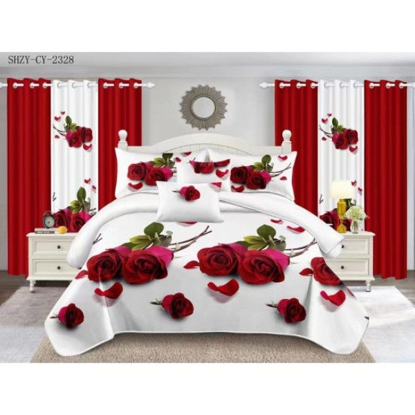 Set Lenjerie de Pat din Finet cu 2 Fete, 6 Piese, Pat 2 Persoane, Alb-Rosu, flori, OLD-049