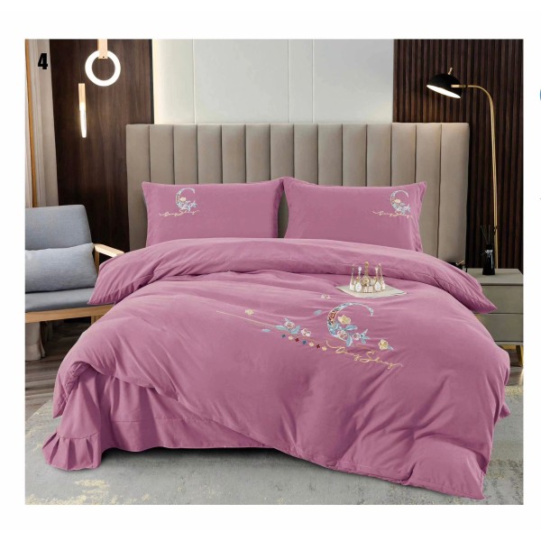 Lenjerie pat dublu, Catifea Deluxe, cu broderie, 4 piese, Roz pudra, LCB-001