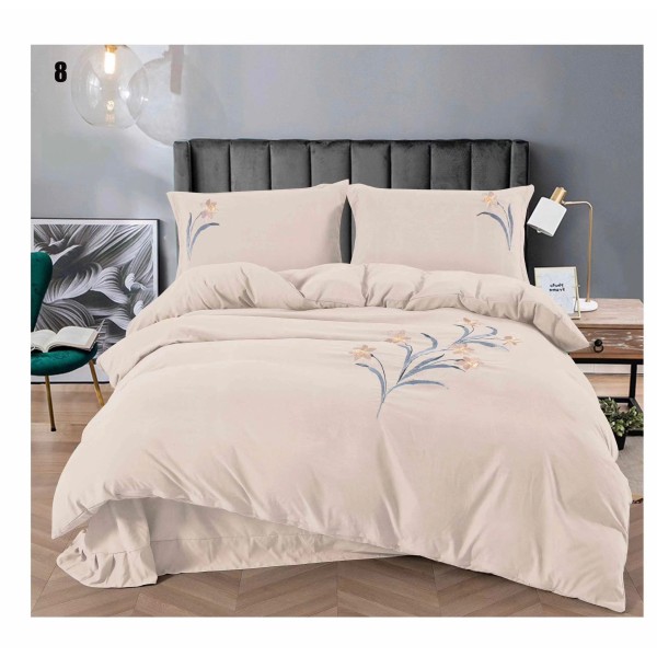 Lenjerie pat dublu, Catifea Deluxe, cu broderie, 4 piese, Crem, LCB-003