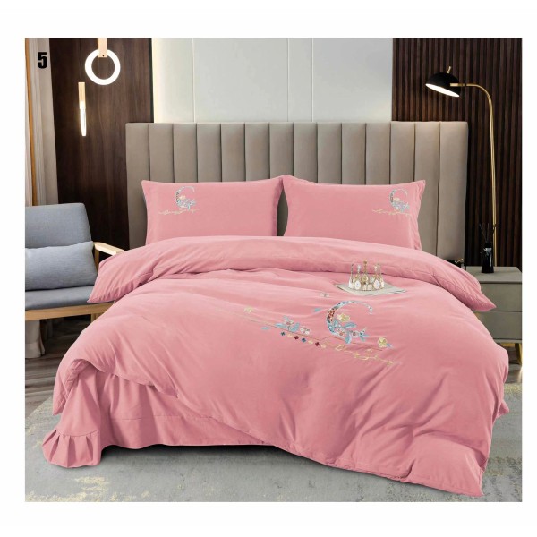 Lenjerie pat dublu, Catifea Deluxe, cu broderie, 4 piese, Roz, LCB-004