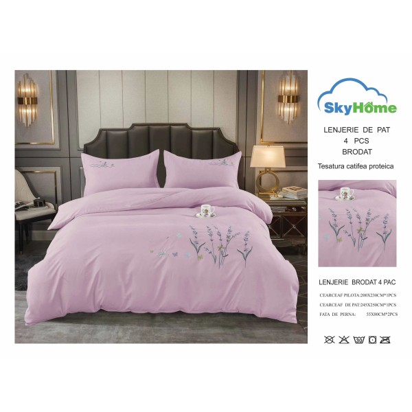 Lenjerie pat dublu, Catifea Deluxe, cu broderie, 4 piese, Lila, LCB-005