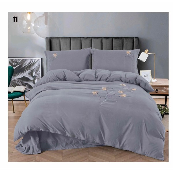 Lenjerie pat dublu, Catifea Deluxe, cu broderie, 4 piese, Gri, LCB-006