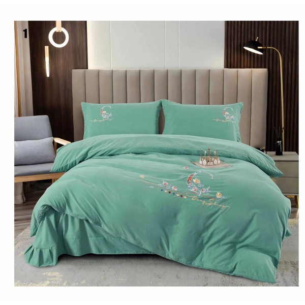Lenjerie pat dublu, Catifea Deluxe, cu broderie, 4 piese, Verde deschis, LCB-007