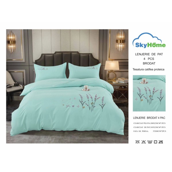 Lenjerie pat dublu, Catifea Deluxe, cu broderie, 4 piese, Vernil, LCB-008