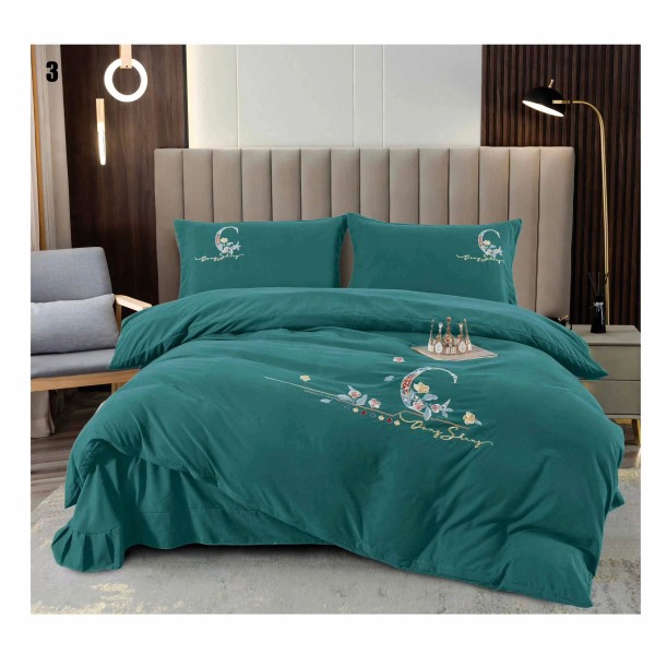 Lenjerie pat dublu, Catifea Deluxe, cu broderie, 4 piese, Verde inchis, LCB-009