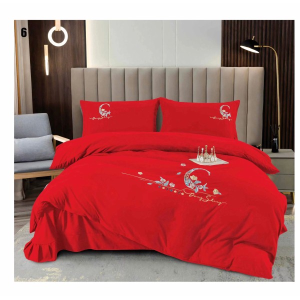 Lenjerie pat dublu, Catifea Deluxe, cu broderie, 4 piese, Rosu, LCB-010