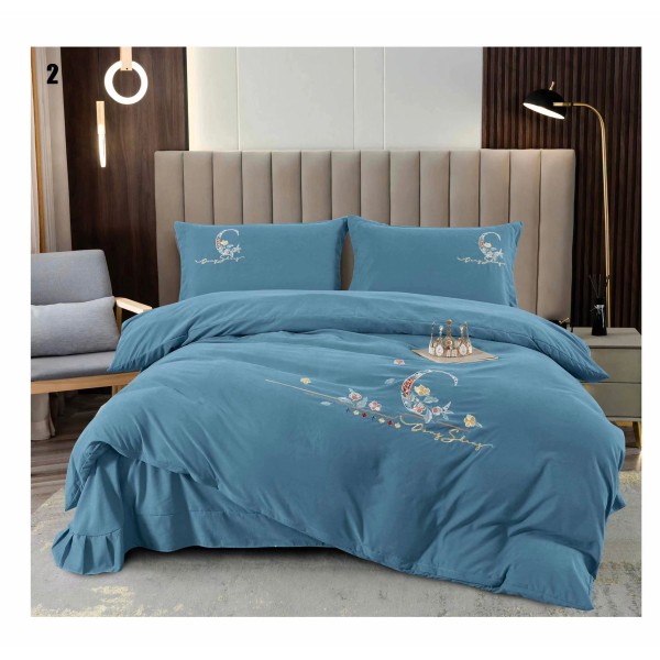 Lenjerie pat dublu, Catifea Deluxe, cu broderie, 4 piese, Albastru, LCB-012