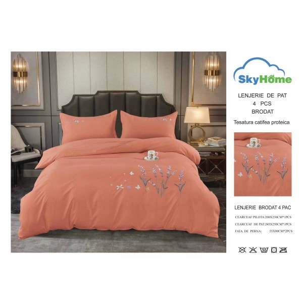 Lenjerie pat dublu, Catifea Deluxe, cu broderie, 4 piese, Caramiziu, LCB-013