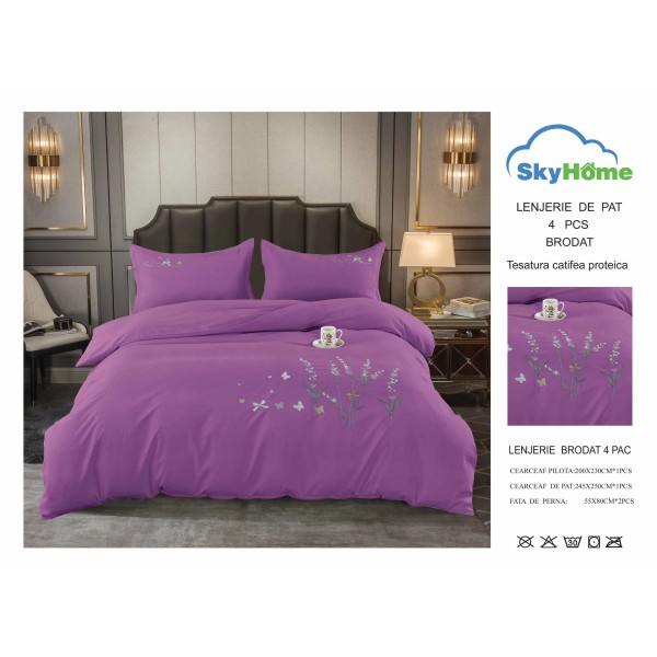 Lenjerie pat dublu, Catifea Deluxe, cu broderie, 4 piese, Mov, LCB-015