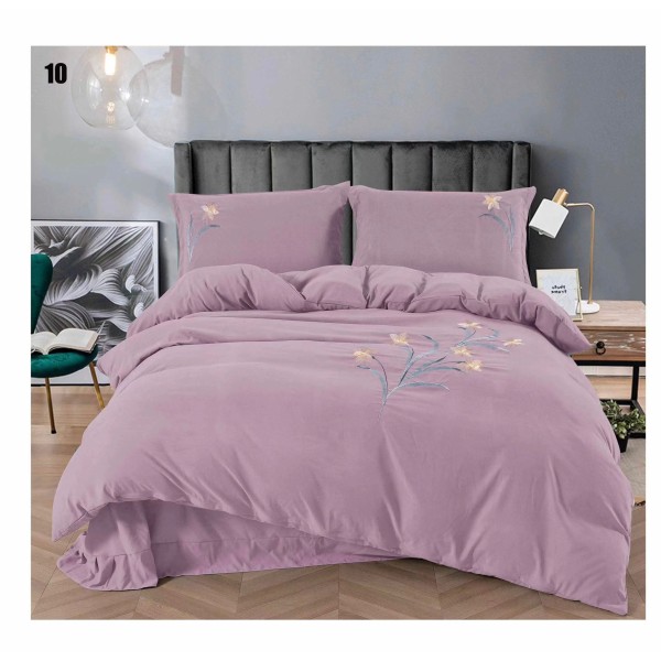 Lenjerie pat dublu, Catifea Deluxe, cu broderie, 4 piese, Lila, LCB-014