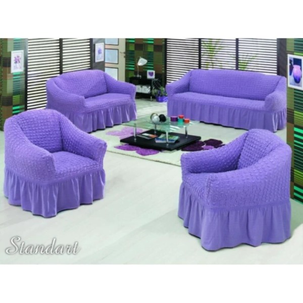 Set 4 Huse Creponate cu Volane, Pentru Canapea 3 Locuri, Canapea 2 Locuri si 2 Fotolii, Lila, HCC-014