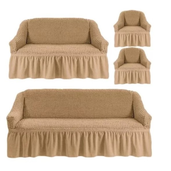 Set 4 Huse Creponate cu Volane, Pentru Canapea 3 Locuri, Canapea 2 Locuri si 2 Fotolii, Bej deschis, HCC-016